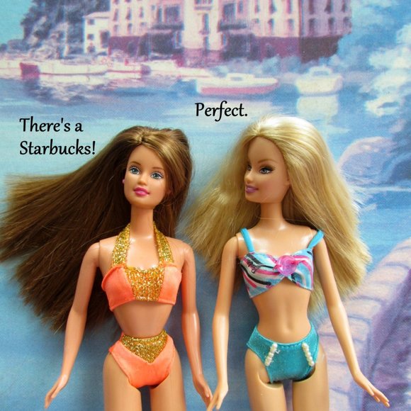 BARBIE & TERESA DOLLS, SWIMSUITS + OUTFITS in FRENCH STARBUCKS STORY - LOVELY! - Picture 5 of 10